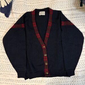 Miss Pendleton Vintage Navy Blue Wool Cardigan with red plaid lining + buttons